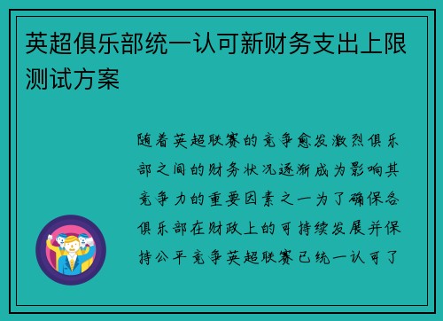 英超俱乐部统一认可新财务支出上限测试方案 英超俱乐部统一认可新财务支出上限测试方案